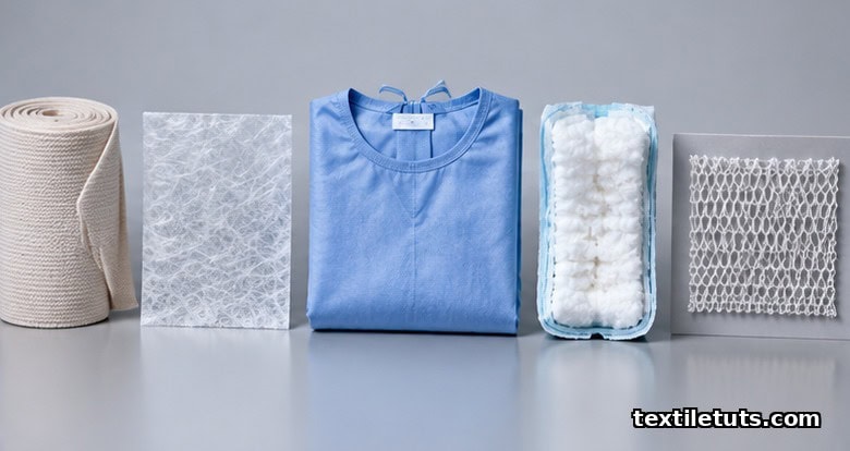 Curated lineup of medical textile categories: compression bandages, alginate dressing, surgical gown, hygiene core, hernia mesh swatch.