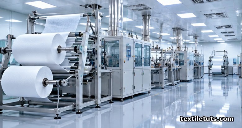 ISO Class 7 cleanroom with sterile workers at a nonwoven production line for medical textiles.