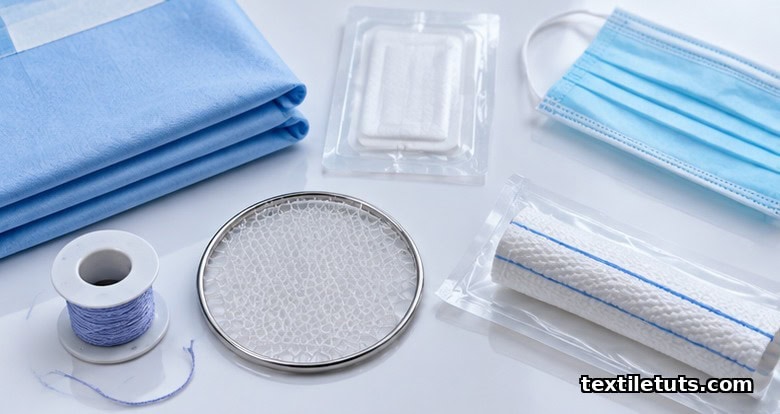Flat-lay of medical textiles: surgical drape, wound dressing, mask, suture, vascular graft on a sterile surface.