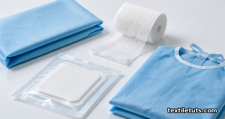 Flat-lay of folded medical textiles — surgical drape, gauze, sterile dressing, and surgical gown — on a clean white clinical surface.