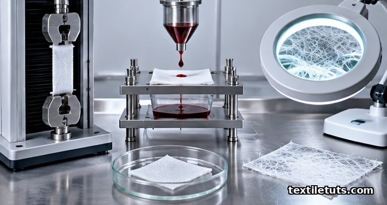 Laboratory testing bench for medical textiles with tensile machine and blood penetration rig.