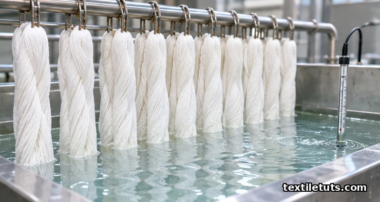 Cotton yarn skeins submerged in a chilled sodium hydroxide bath for cold mercerization at 15-25 degrees C.