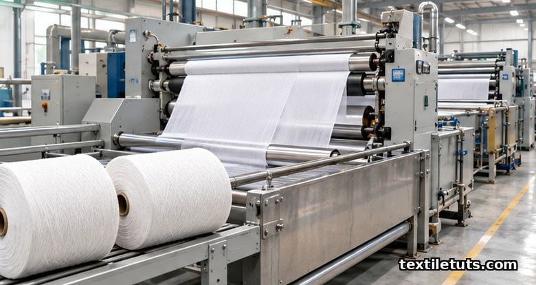 Industrial mercerization range showing cold and hot cotton yarn treatment in concentrated sodium hydroxide solution.