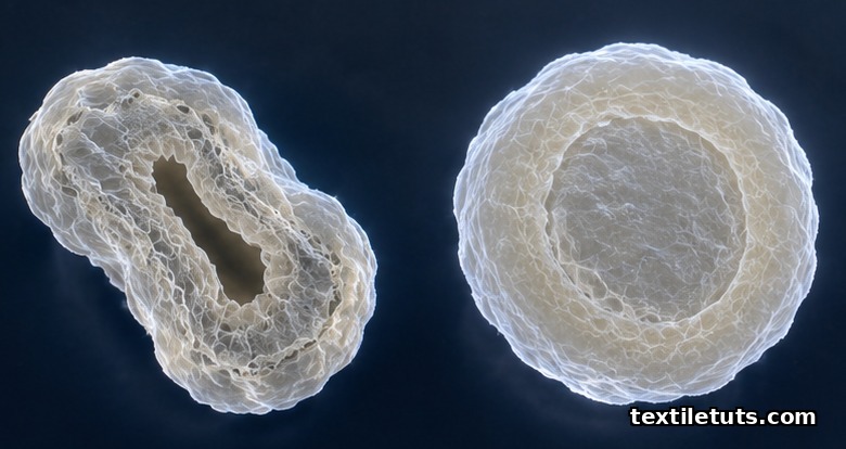Side-by-side microscopic view of untreated kidney-shaped and mercerized circular cotton fiber cross-sections.