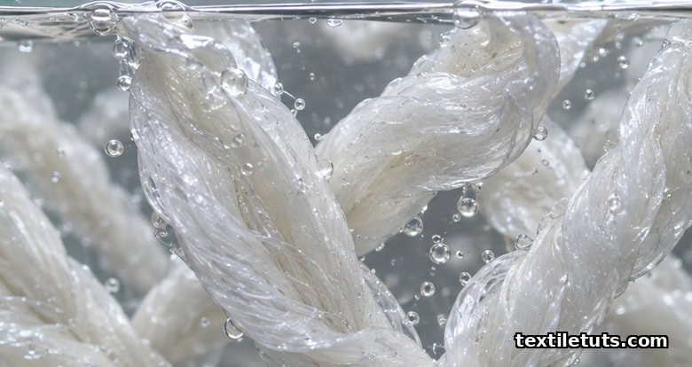 Microscopic close-up of raw cotton fibers swelling in a transparent sodium hydroxide bath during mercerization treatment.