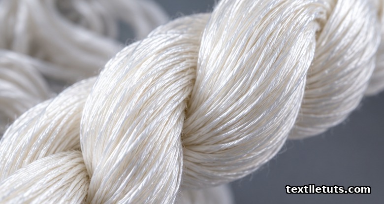 Close-up of pearlescent mercerized cotton yarn with silky luster highlights running along twisted plies.