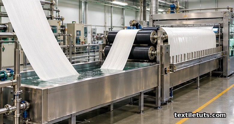 Open-width cotton fabric on a pad-stenter mercerization line with NaOH trough, rollers, and stenter frame.