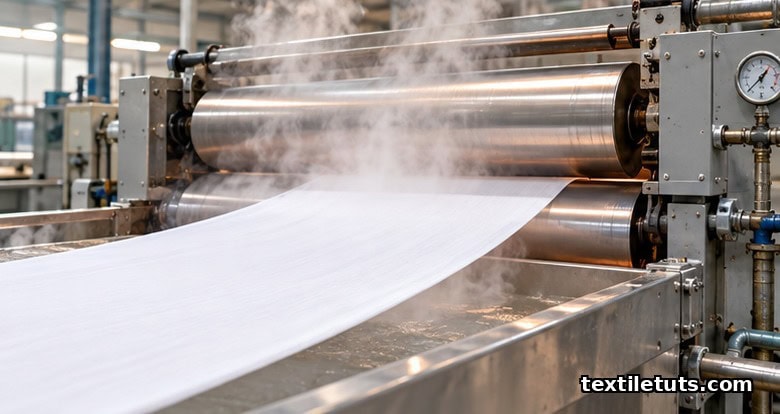 Cotton fabric web passing through a hot caustic pad-steam mercerization range at 60-80 degrees C.