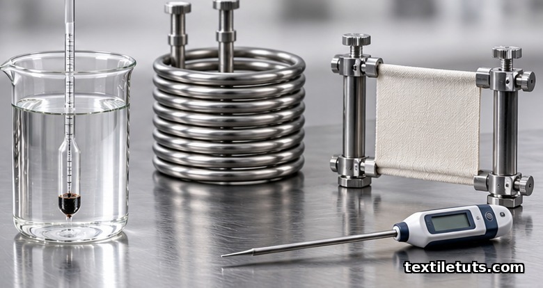 Studio arrangement of a Baumé hydrometer in caustic solution, cooling coil, clip frame, and thermometer probe.