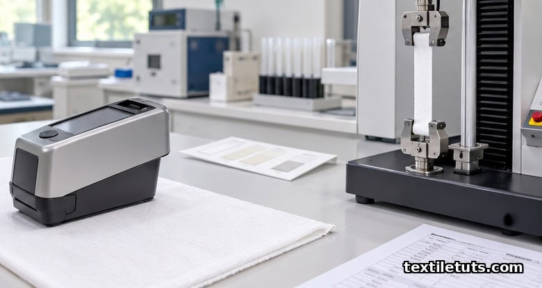Textile lab testing mercerized cotton fabric with a gloss meter and tensile tester for AATCC and ASTM checks.