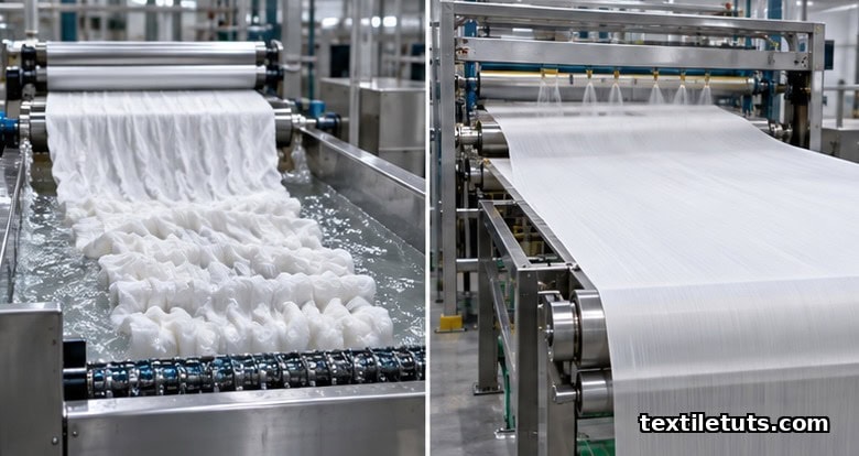 Split view of industrial mercerization: slack mercerization on short-loop conveyor versus tension mercerization on stenter frame.