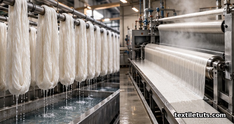 Industrial mercerization scene showing hanging cotton yarn hanks beside fabric passing through a chain mercerizer.