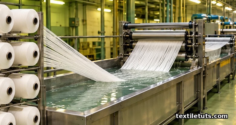 Cotton yarn sheet passing through a sodium hydroxide bath on a chain mercerizing machine with tension rollers.