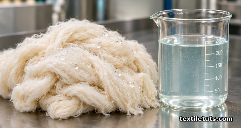 Raw cotton fibers beside a glass beaker of sodium hydroxide solution on a stainless steel surface, illustrating mercerization.