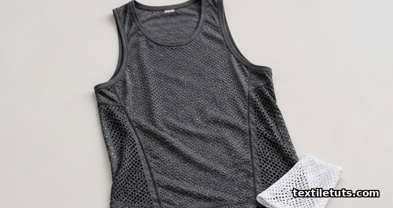 Lightweight warp-knit mesh running singlet with engineered perforations for sweat vapor transmission and cooling.