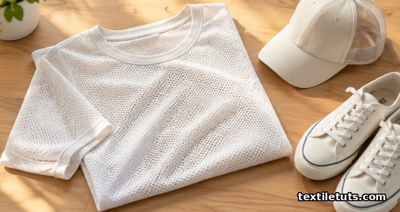 Casual off-white mesh layering T-shirt folded on wood beside canvas sneakers and a mesh-back baseball cap.