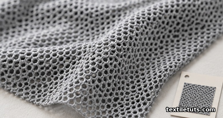 Close-up of engineered mesh knit fabric with regular perforations across polyester filaments used for athletic and casual apparel.