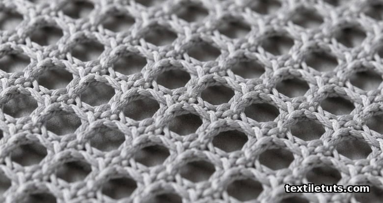 Extreme macro view of weft-knit mesh fabric showing tuck and miss stitches that form the regular open hole grid.