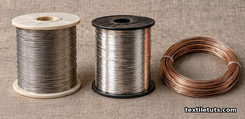 Three spools of metallic heating yarn — stainless steel filament, silver-coated copper multifilament, and constantan wire.