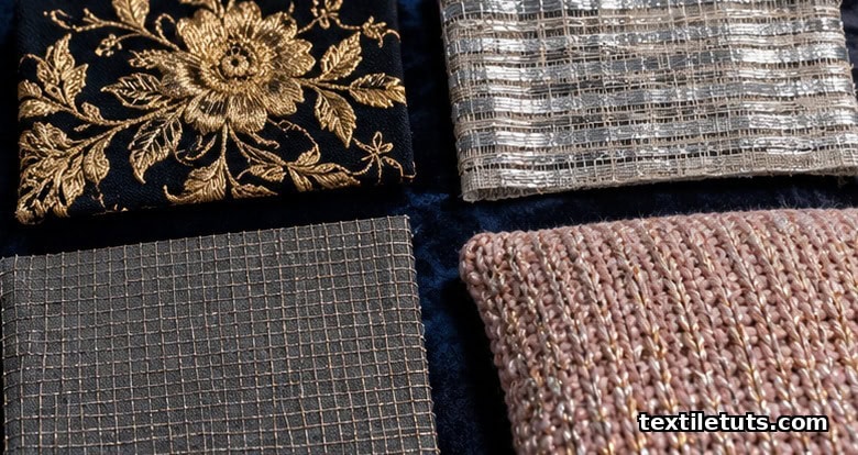 Flat-lay composition of metallic yarn textile samples including gold embroidery, silver woven curtain, antistatic fabric, and knit cushion.