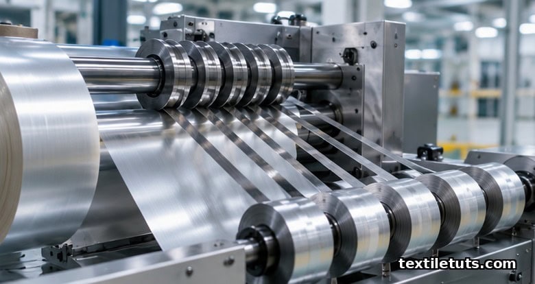 Industrial photograph of rotary shear blades slitting laminated film into flat metallic yarn strips wound onto take-up bobbins.