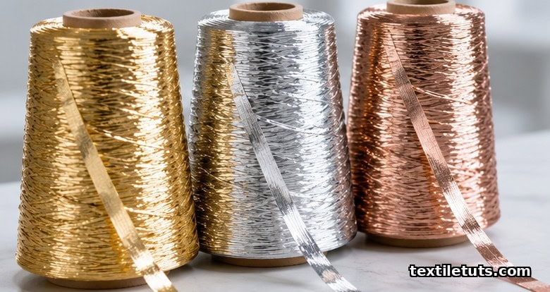Macro photograph of three yarn cones wound with gold, silver, and rose-gold flat metallic yarn showing mirror-like reflective sheen.