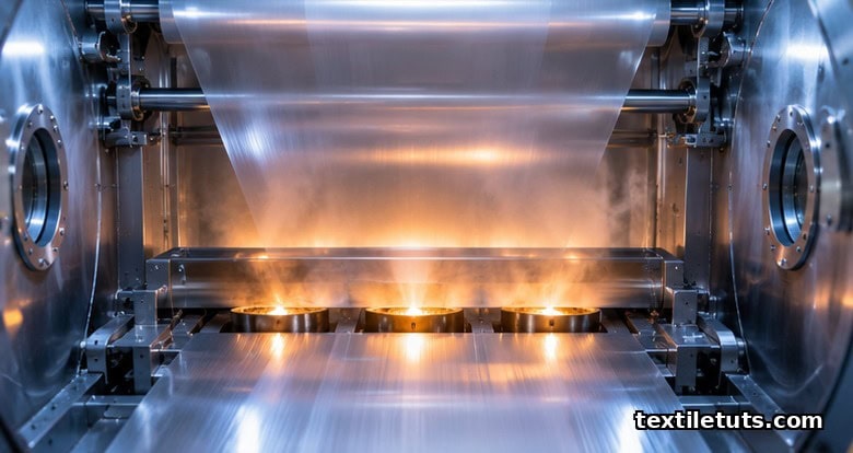 Vacuum metallizing chamber interior with polyester film passing over heated aluminum crucibles depositing a uniform silver reflective layer.