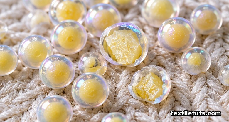Microscopic cross-section of PCM microcapsules with polymer shells containing paraffin wax core on woven cotton textile