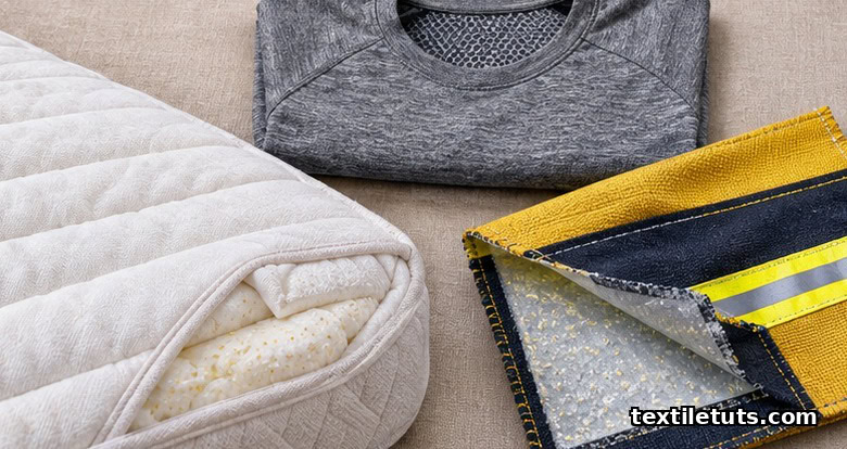 Flat-lay of running shirt, mattress topper, and firefighter turnout gear fabric showing phase change textile applications