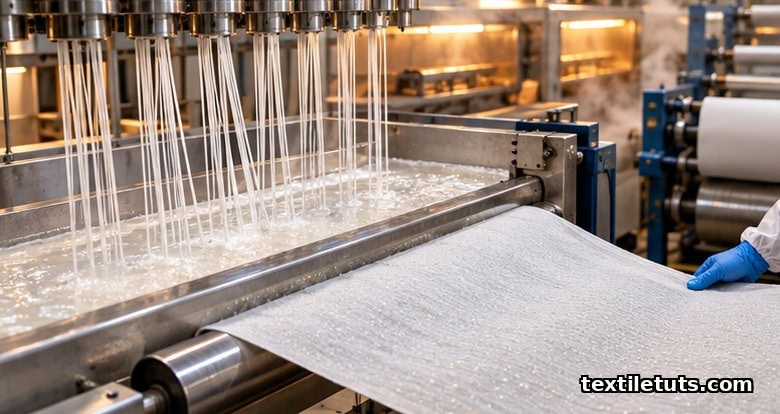Industrial textile line showing melt-spinning extrusion and pad coating of mPCM powder into fabric filaments