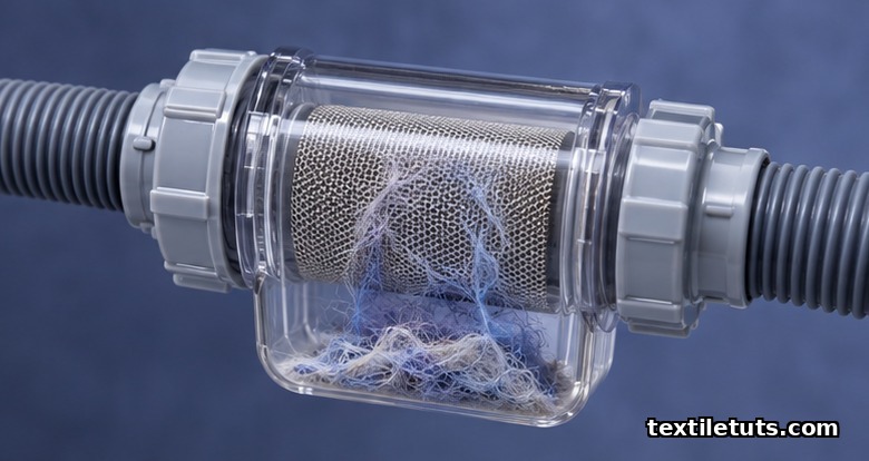 Close-up of external fine-mesh cylindrical microfiber filter clamped onto washing machine drain hose.