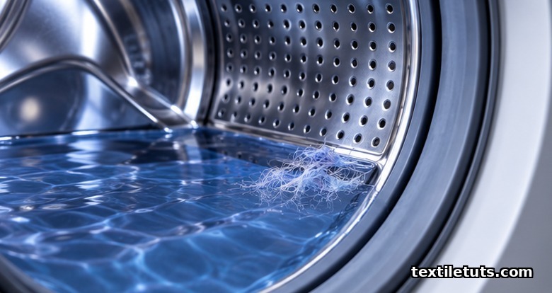 Front-loading washing machine drum interior with synthetic microfibers floating in wash water.