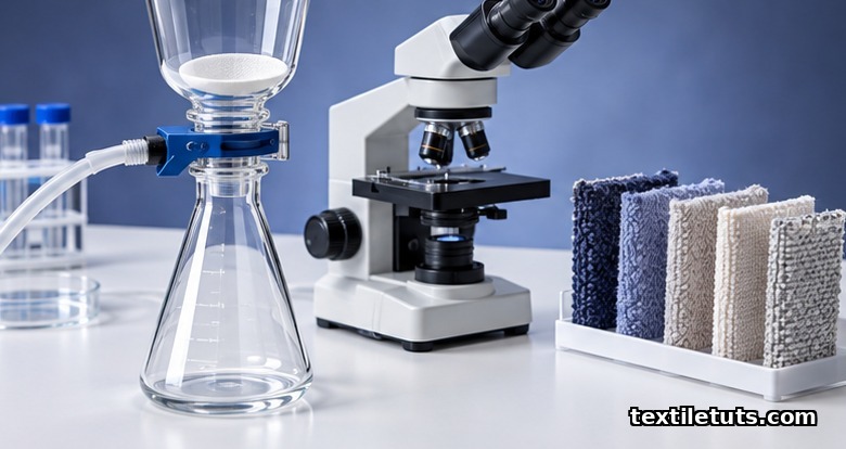Laboratory bench setup with microscope, membrane filter funnel, and fabric swatch samples for microfiber testing.