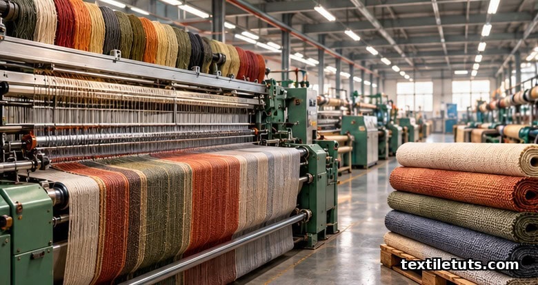 Industrial weaving loom in a textile mill with dyed cotton yarn beams and stacked rolls of finished woven fabric on a wooden pallet.