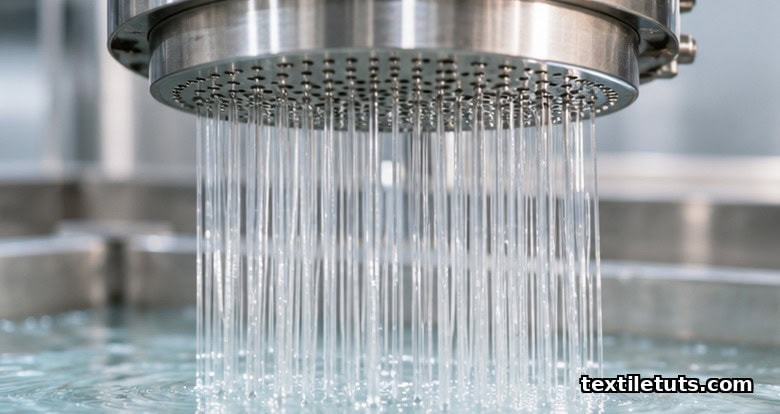 Close-up of a metal spinneret extruding fine translucent cellulose filaments into a coagulation bath for regenerated fiber production.