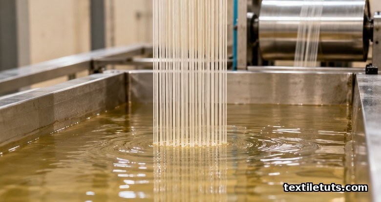 Modified viscose spinning setup with continuous cellulose filaments descending into an amber-tinted coagulation bath.