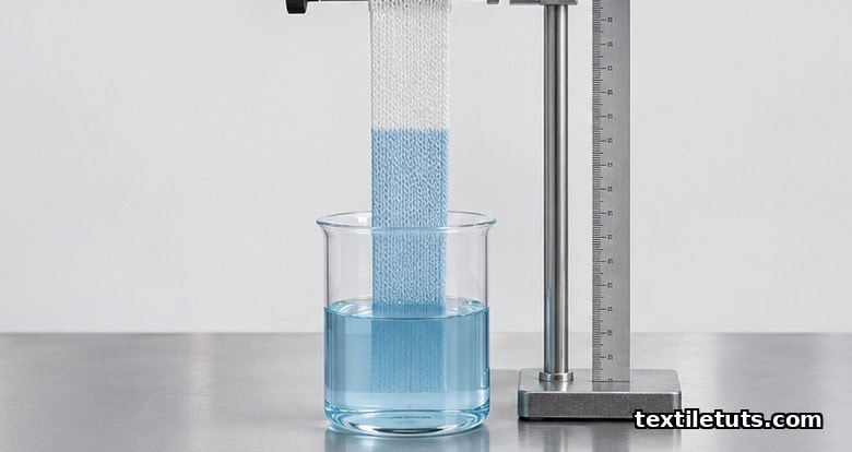 Laboratory vertical wicking test showing blue water climbing a suspended white knit fabric strip beside a ruler
