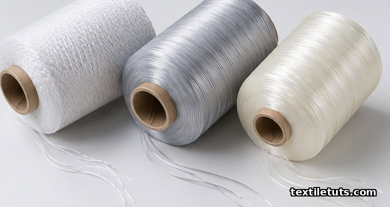 Three yarn spools of textured polyester, nylon 6, and polypropylene filament yarns used in moisture-wicking sportswear knits