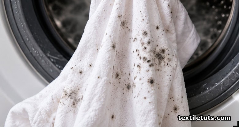 White cotton garment with dark grey mold spots emerging from a washing machine drum and rubber door seal.