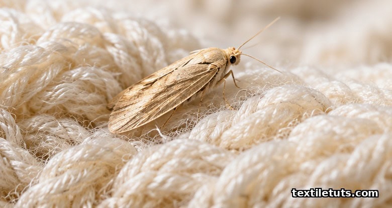 Macro shot of cream wool fibers with a small pale-golden clothes moth resting on the surface, editorial textile photography.