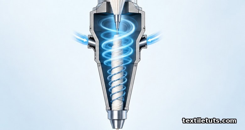 Cross-section view of an MVS spindle showing sliver entering through a needle into a rotating air vortex.