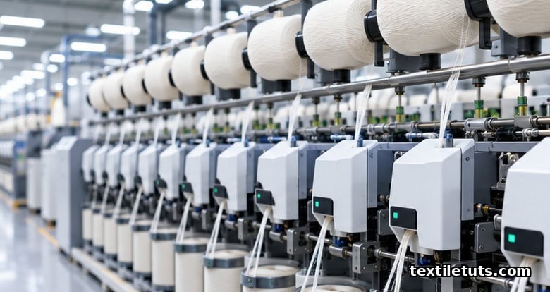 Row of Murata vortex spinning machines in a textile mill with white yarn packages on the creel.
