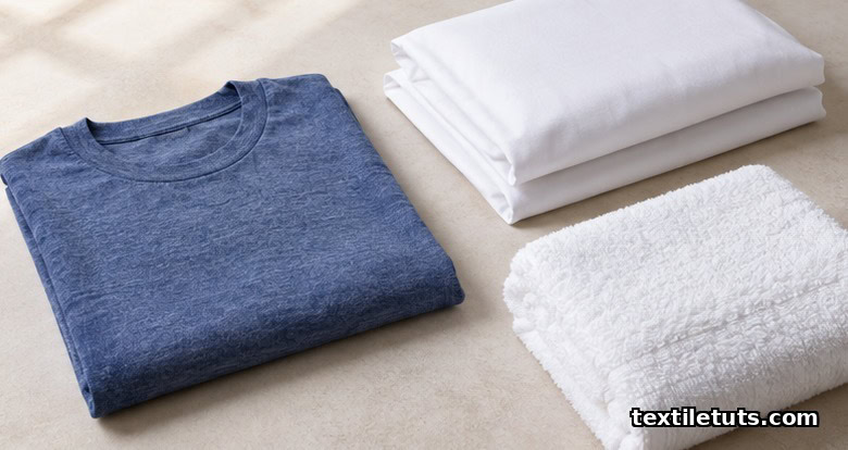 Folded single-jersey T-shirt, white pillowcases, and a terry towel made from Murata vortex-spun yarn.