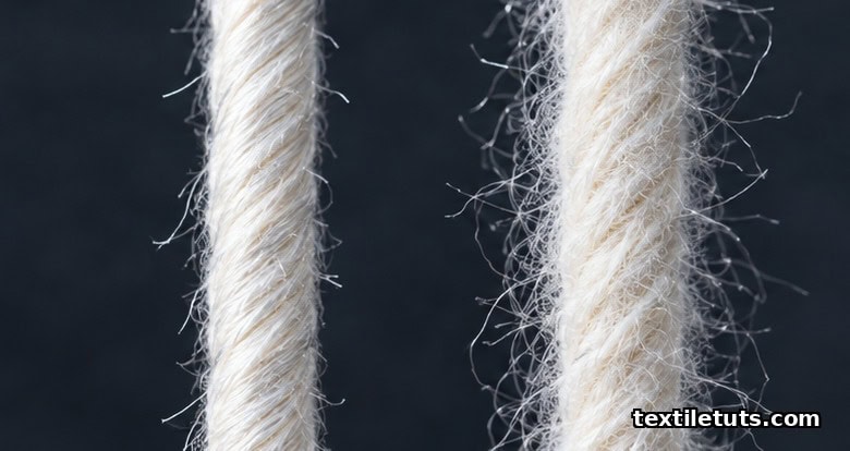 Macro comparison of smooth low-hairiness MVS yarn next to a fuzzier conventional ring-spun cotton yarn.