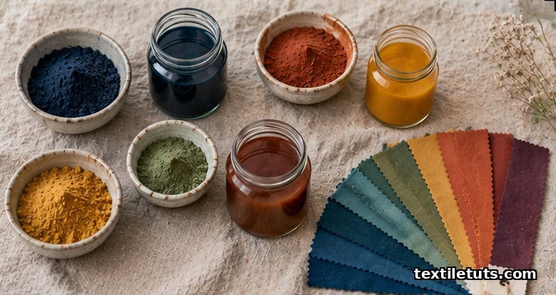 Ceramic bowls and glass jars of powdered fabric dyes in indigo, rust, mustard, sage, and sienna beside hand-dyed cotton swatches.