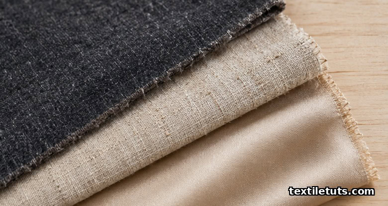 Folded wool, linen, and silk fabric swatches arranged on pale wood