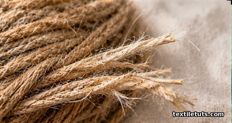 Close-up of coarse natural jute fibers showing the rough woody texture of bundled strands.