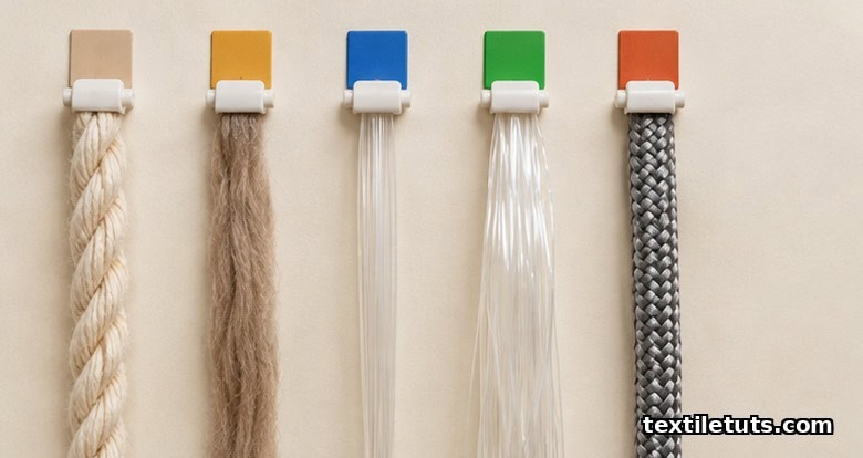 Side-by-side yarn samples of cotton, wool, monofilament, polyester, and technical yarn held by clips, showing the five yarn-count systems.