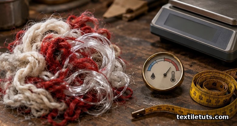 Tangled mixed fibers beside an overloaded scale, tape measure, and climate gauge on a worn workbench, illustrating yarn-count calculation pitfalls.