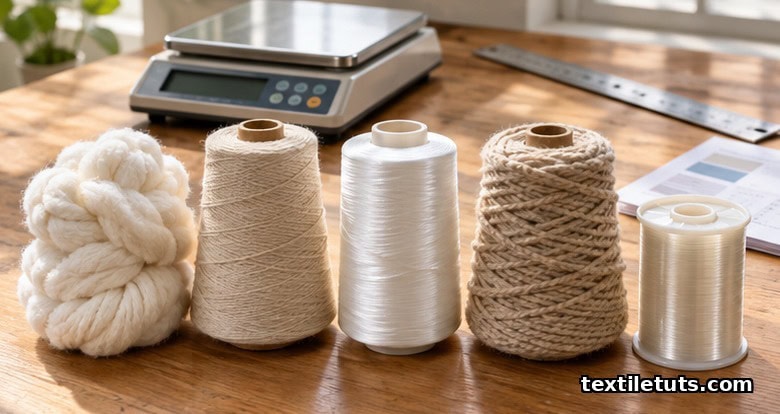 Five yarn spools of cotton, wool, filament, carpet, and silk on a lab bench with a precision scale and ruler, illustrating yarn-count systems.